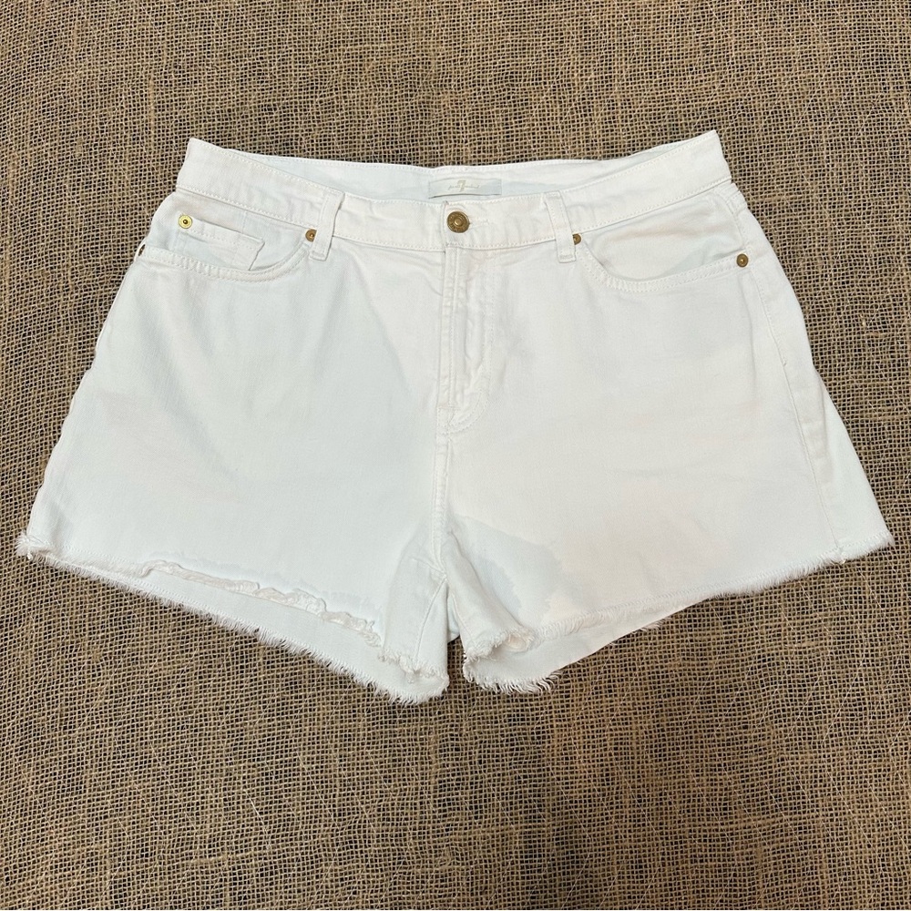 7 For All Mankind White Frayed Hem Denim Shorts